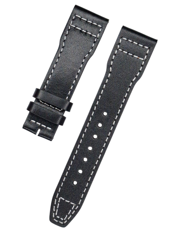 IWC 21mm Siyah Düz Desenli Beyaz Dikişli Deri Saat Kordonu