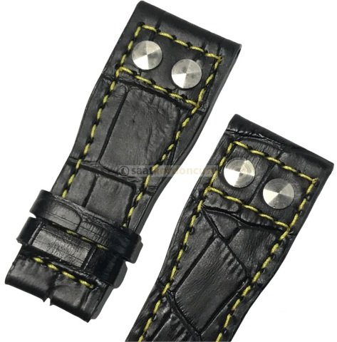 IWC 22mm Siyah Timsah Desenli Sarı Dikişli Deri Saat Kordonu