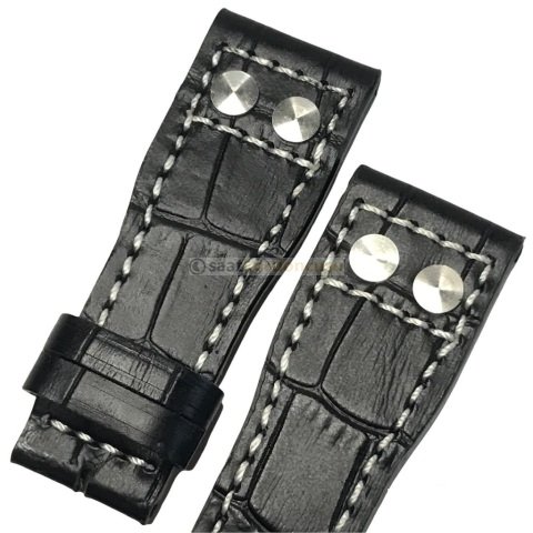 IWC 22mm Siyah Timsah Desenli Beyaz Dikişli Deri Saat Kordonu