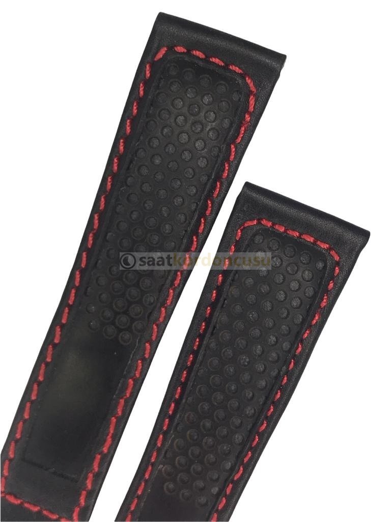 Tag Heuer Uyumlu 22x18 Siyah Kırmızı Dikişli Deri Saat Kordonu