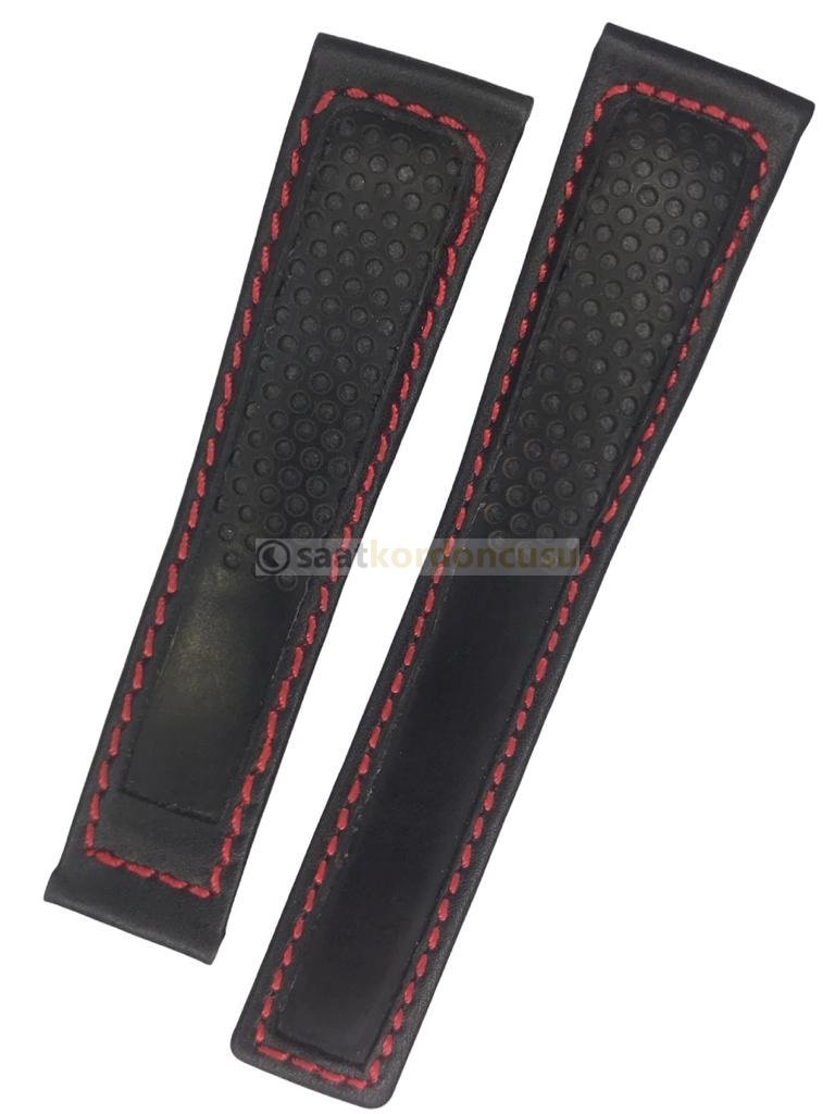 Tag Heuer Uyumlu 22x18 Siyah Kırmızı Dikişli Deri Saat Kordonu
