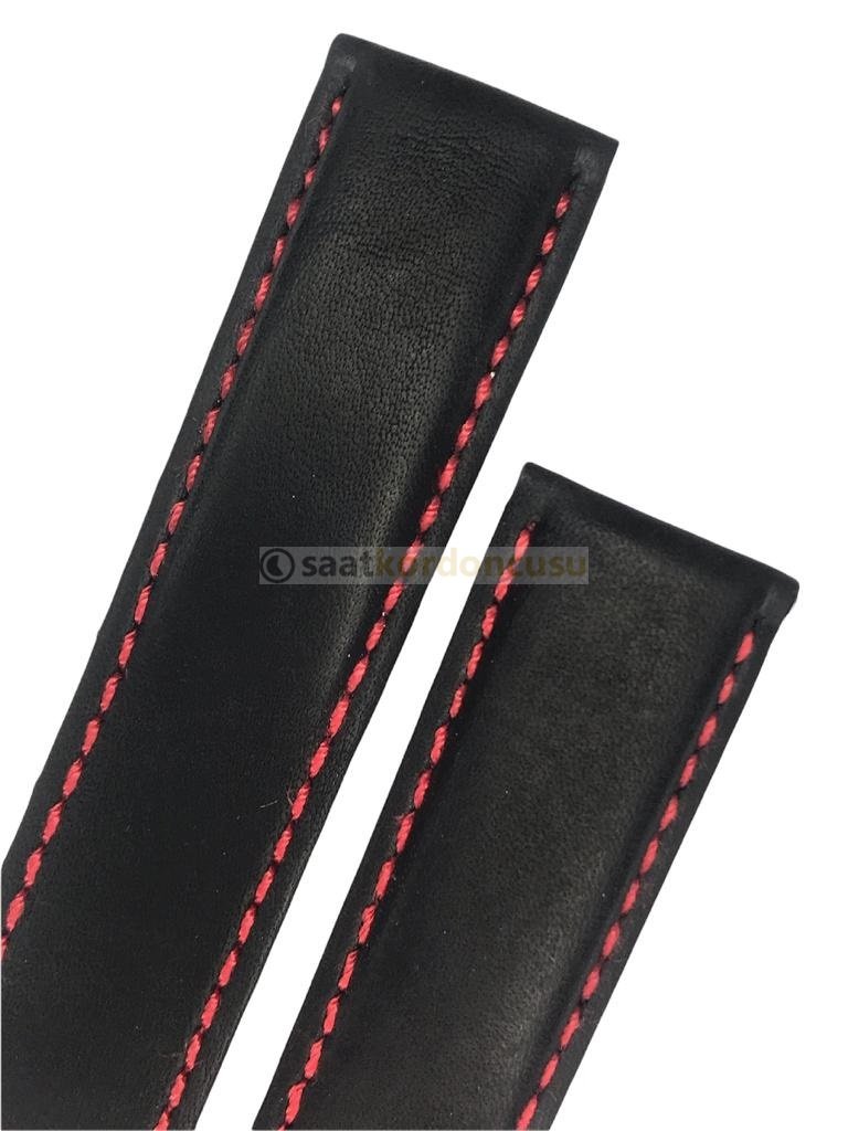 Tag Heuer Uyumlu 22x20 Siyah Kırmızı Dikişli Düz Deri Saat Kordonu