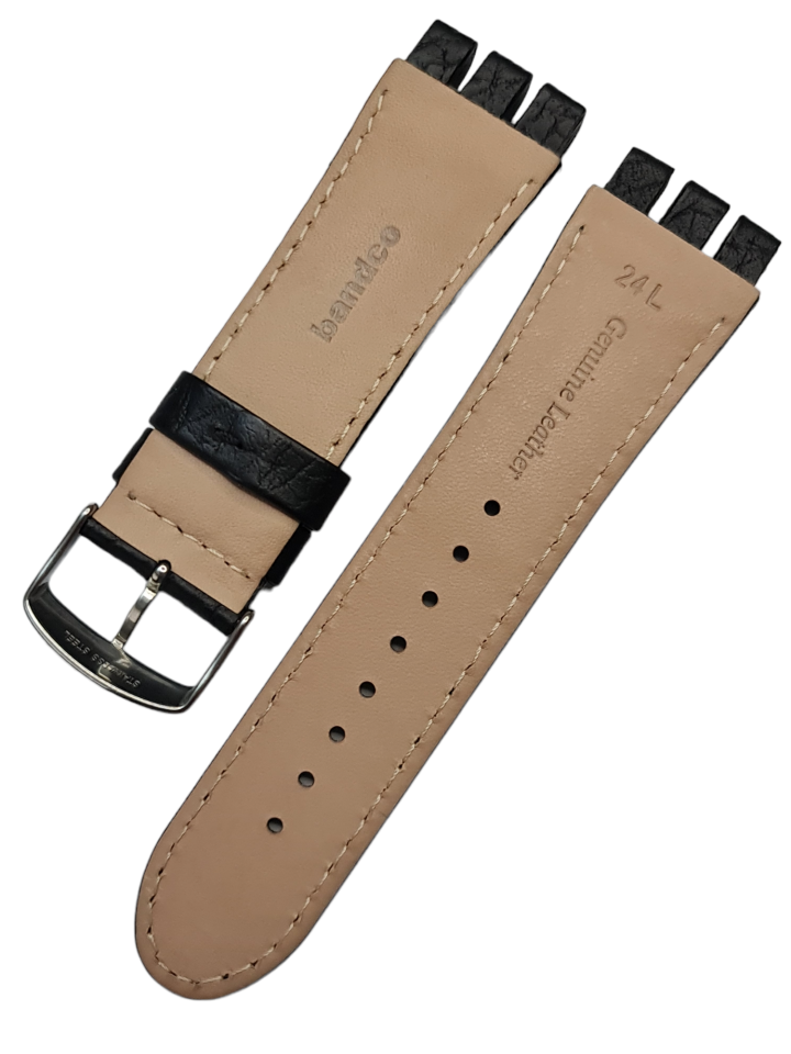 Swatch Yos Modeli 24mm Krem Dikişli Siyah Deri Saat Kordonu