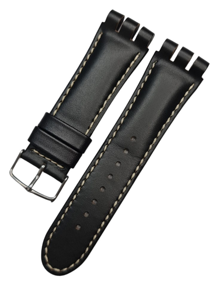 Swatch Yos Modeli 24mm Krem Dikişli Siyah Deri Saat Kordonu