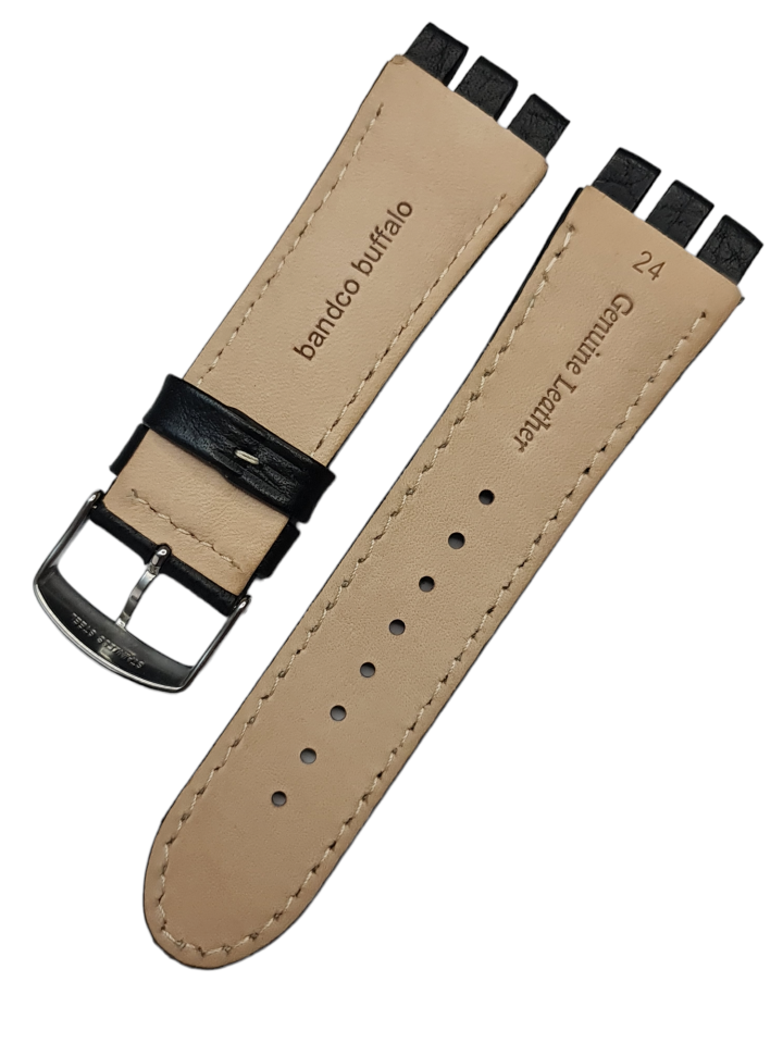 Swatch Yos Modeli 24mm Desenli Krem Dikişli Siyah Deri Saat Kordonu
