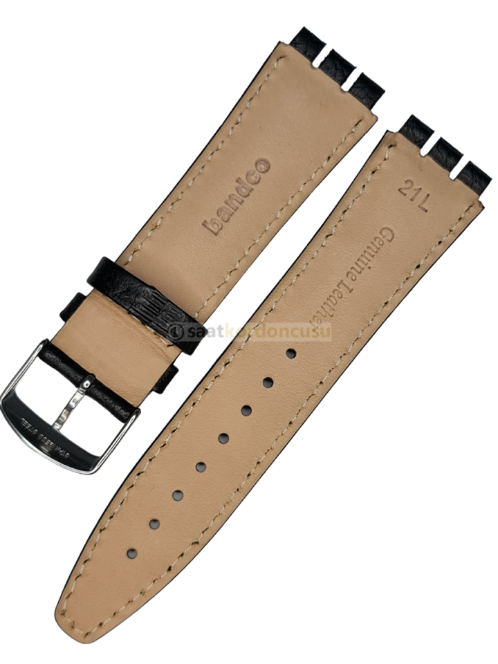 Swatch Yvs Modeli 21mm Beyaz Dikişli Siyah Siyah Deri Saat Kordonu