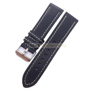 Azzuro Düz Dikiş Desenli Deri Saat Kordonu BEYAZ DİKİŞLİ SİYAH - 24 MM
