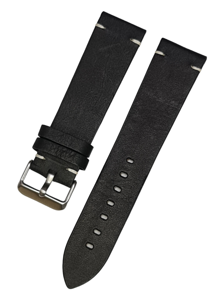 Azzuro 24mm Düz Kalın Beyaz İpli Siyah Deri Saat Kordonu