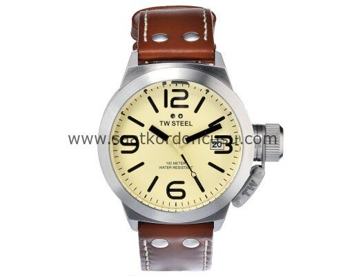 Tw steel 22mm Beyaz Metalli Kahverenk Deri Saat Kordonu
