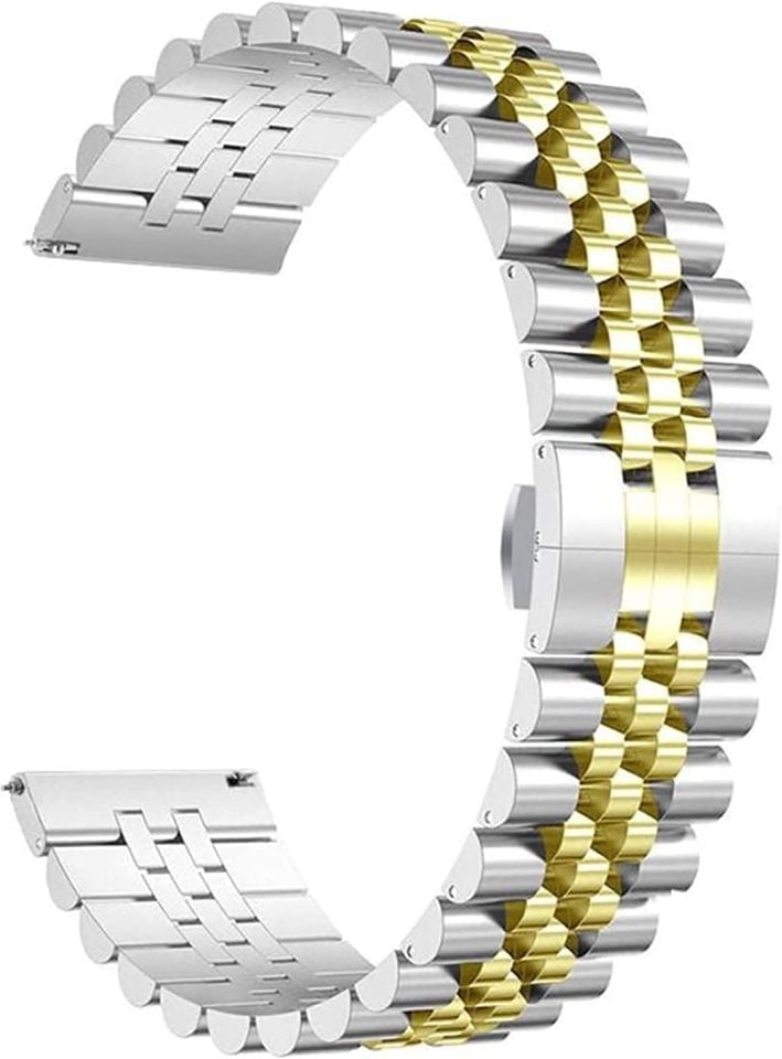22mm Jübile Modeli Gold-Gümüş Renk Klipsli Çelik Saat Kordonu