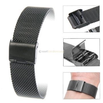 ince Formda 18mm Hasır Örgü Siyah Metal Saat Kordonu