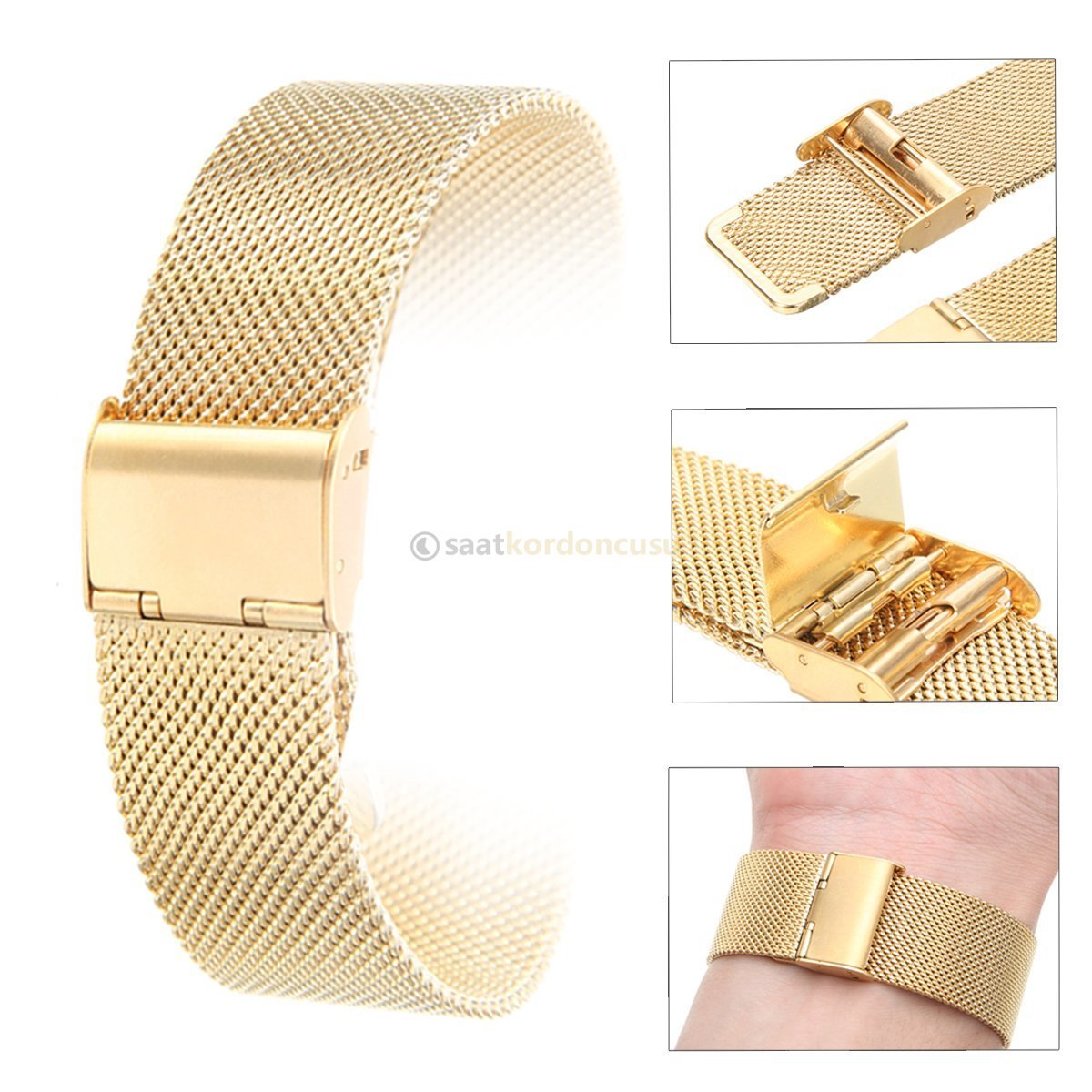 ince Formda 12mm Hasır Örgü Gold Renk Metal Saat Kordonu