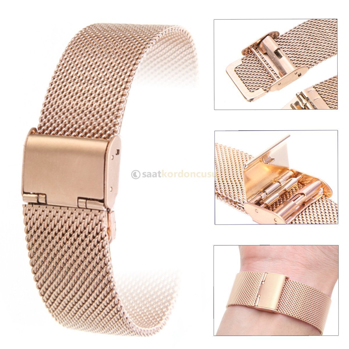 ince Formda 12mm Hasır Örgü RoseGold Renk Metal Saat Kordonu