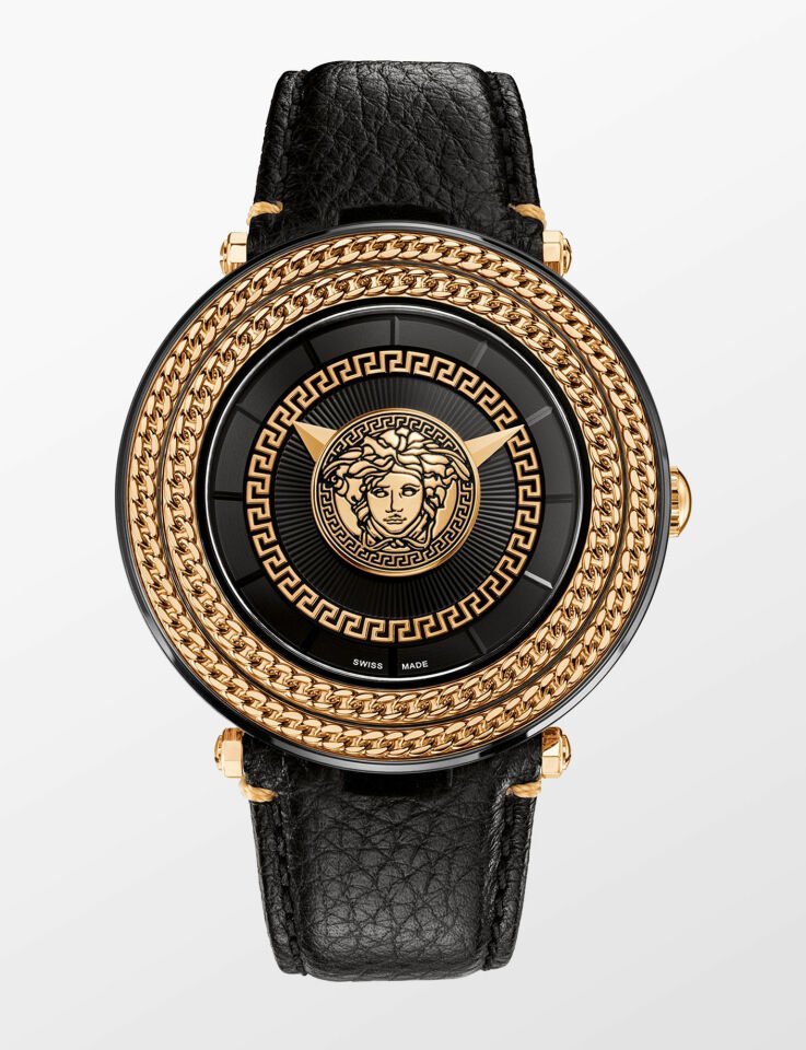 Versace V-Metal Serisi 24mm Siyah Deri Saat Kordonu