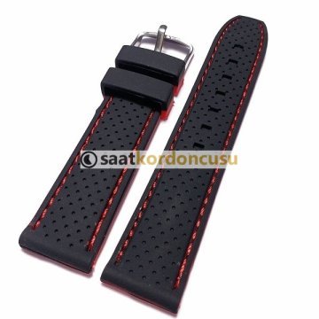 SİLİKON Saat Kordonu Siyah Dikişli 24 MM - KIRMIZI DİKİŞLİ SİYAH