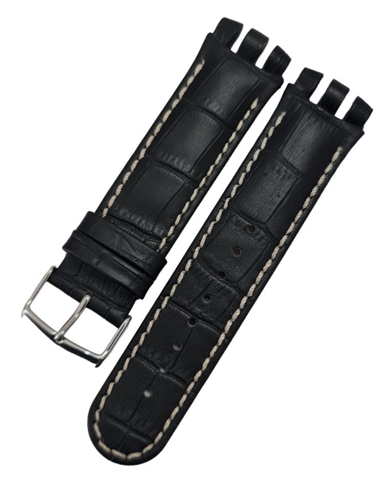 Swatch Scuba Modeli 21mm Beyaz Dikişli Siyah Deri Saat Kordonu